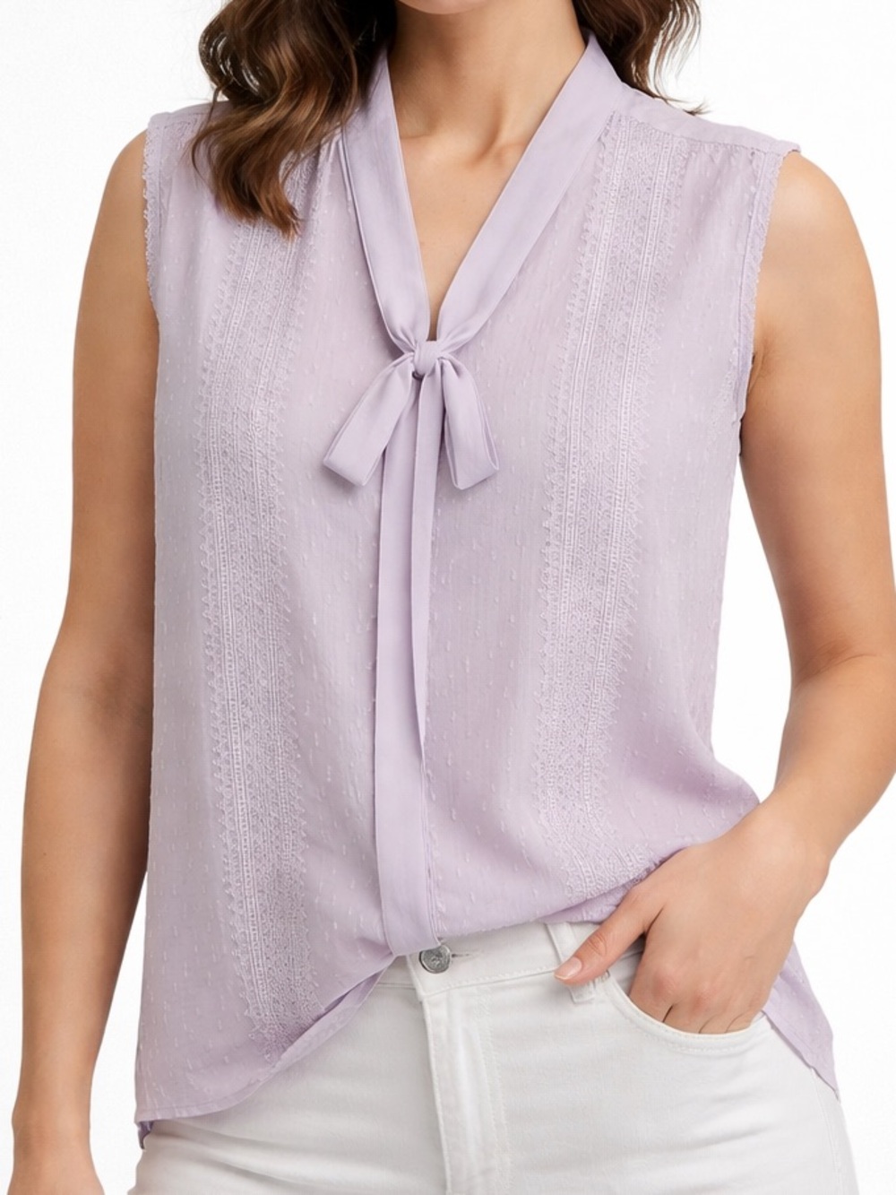 White House Black Market Lavender Lace Tie Neck Blouse Size 14